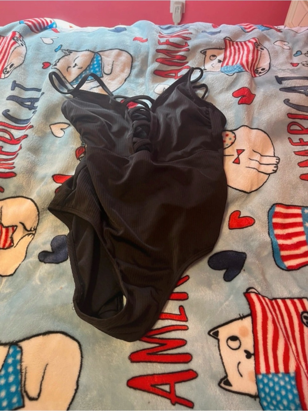 black lace up back one piece swimsuit